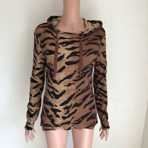 Chaps Thermal Black/Brown Women's Size L Animal Print Hoodie Elastic Shirt